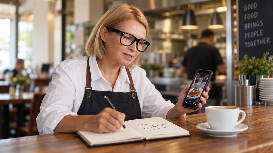 A restaurant owner writes a goal beside a phone showing a food video.