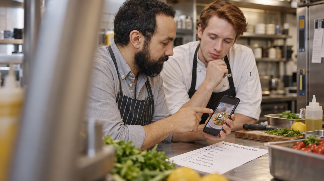 A restaurant owner and chef review a phone and checklist.