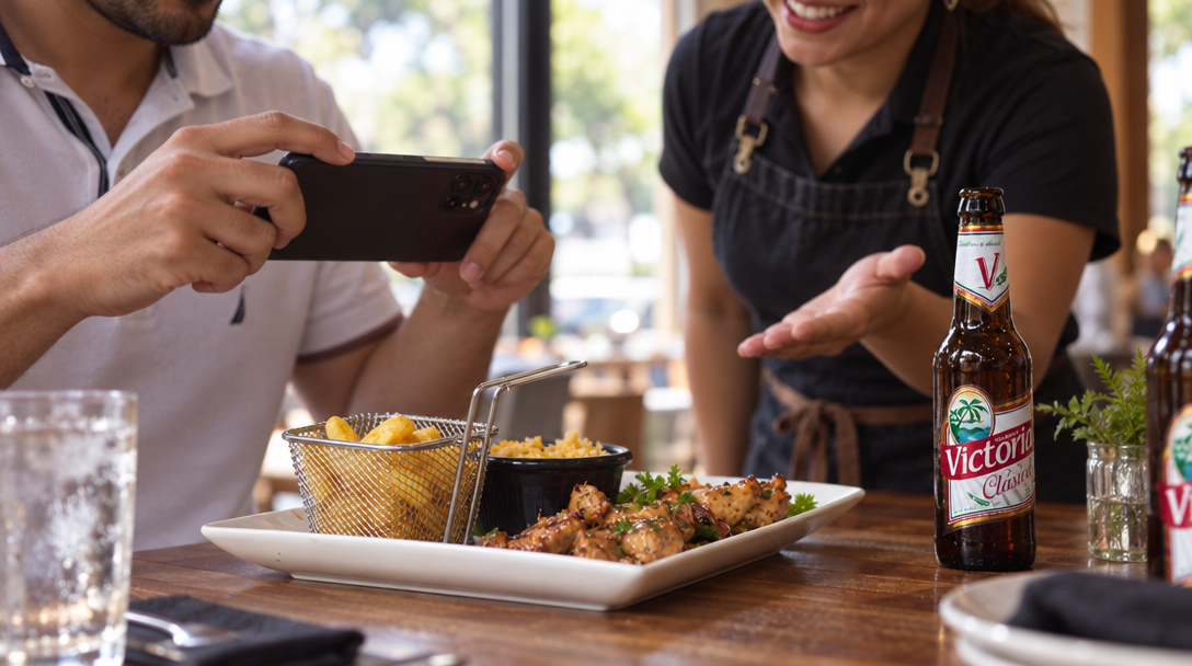 A diner photographs a shared plate as a server stands nearby.