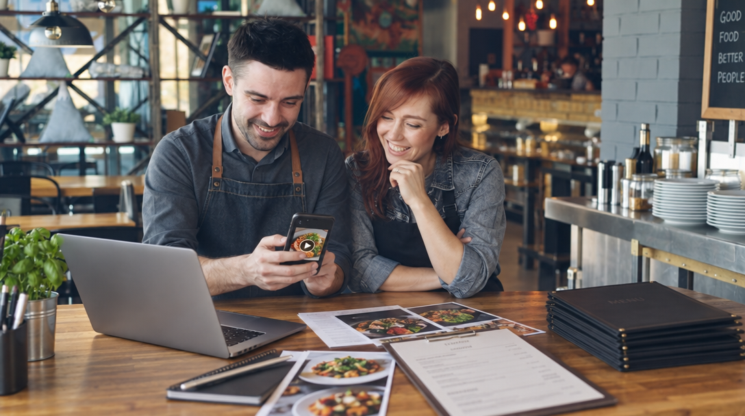 A restaurant owner and manager view a food video on a phone.