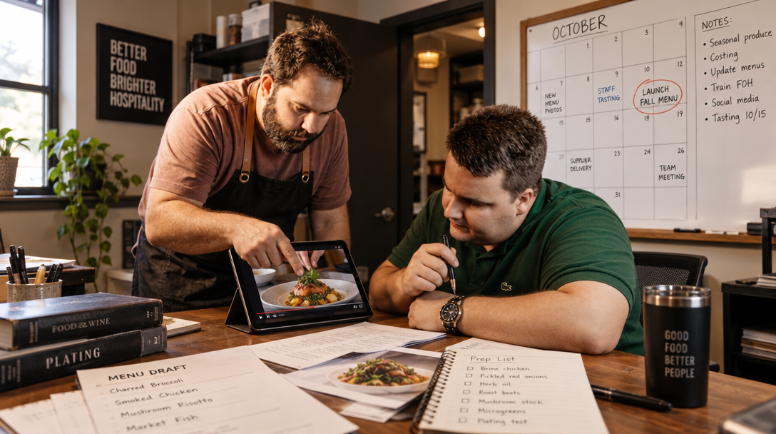 A restaurant manager and chef plan an opening calendar beside a tablet.