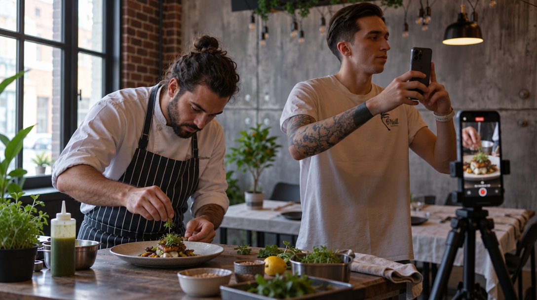 A chef plates a dish as someone films it on a phone.