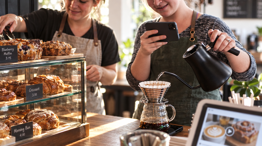 A baker arranges pastries as a barista films a coffee pour.