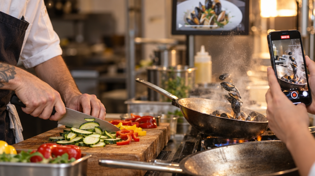 A cook films a sizzling pan while another slices vegetables.