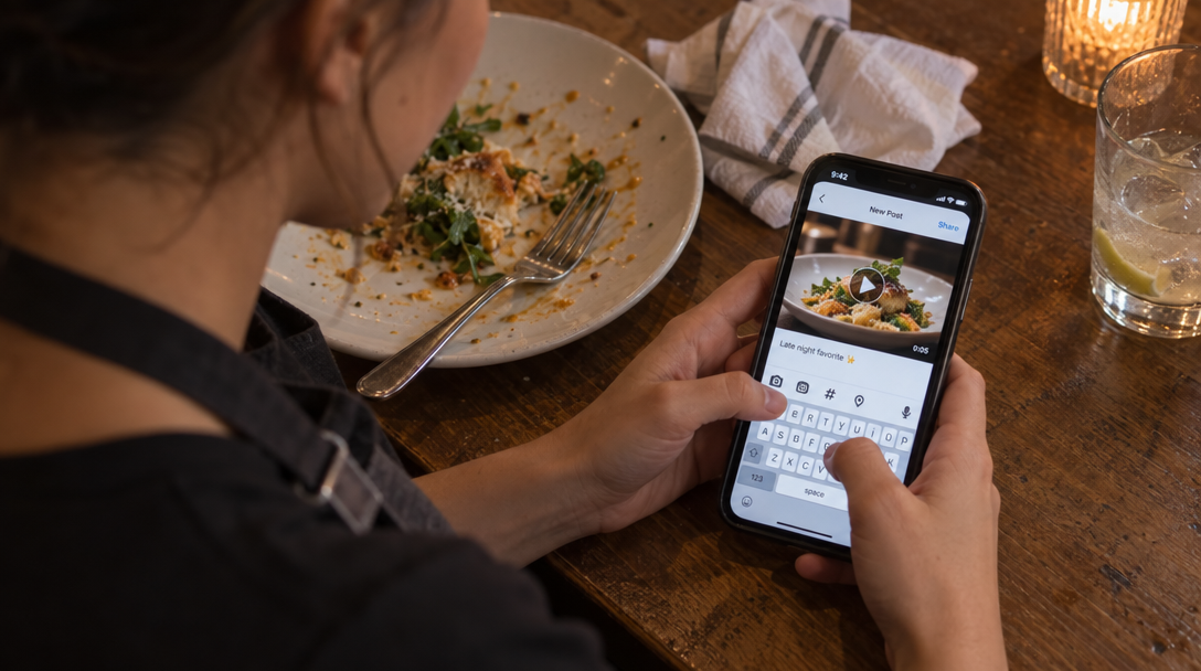 A server writes a caption on a phone beside a meal.
