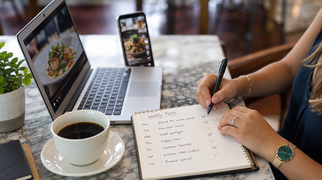 A restaurant owner plans a weekly posting schedule at a desk.