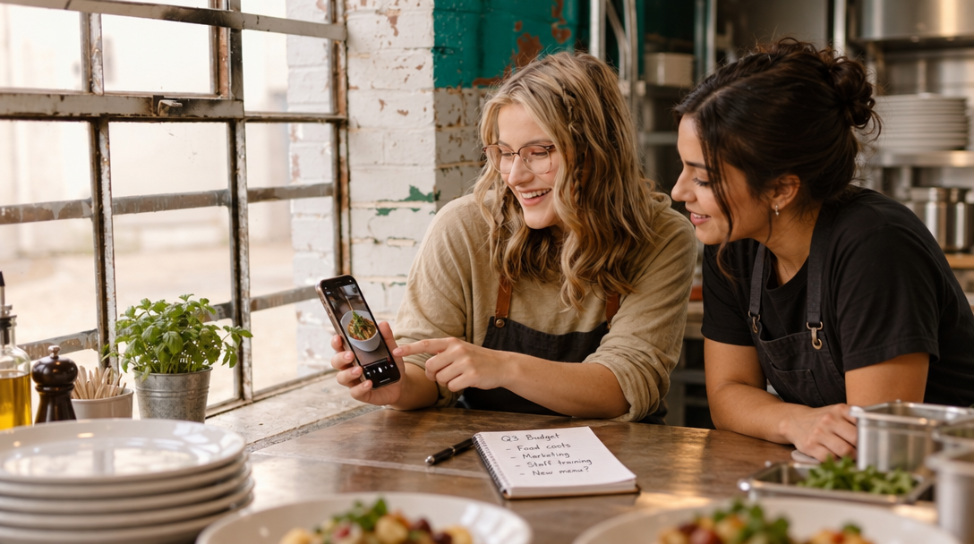 A restaurant owner and server review a food video on a phone.