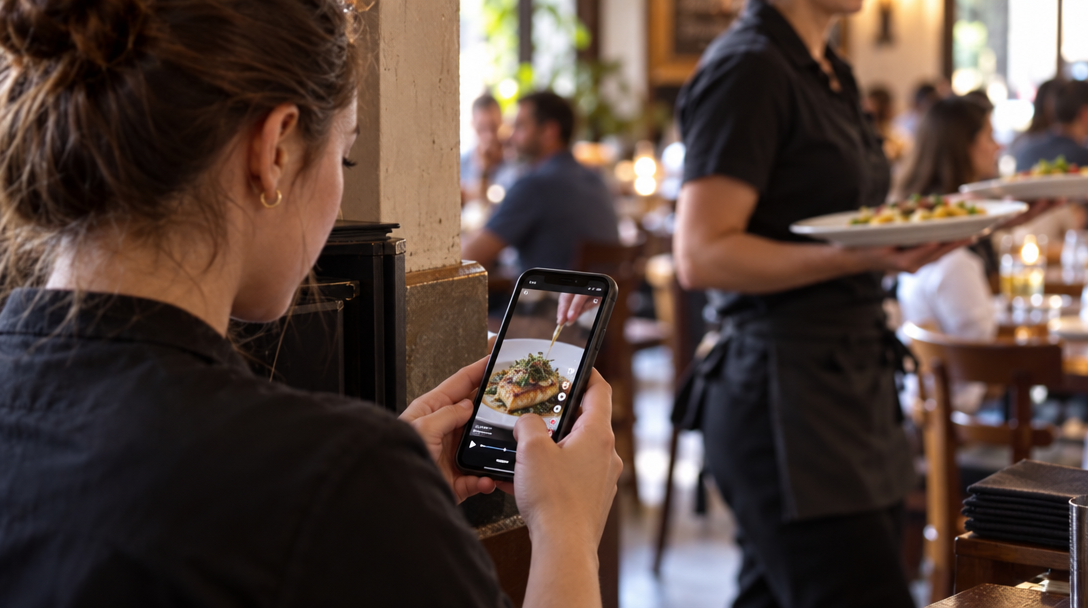 A server posts on a phone while another serves plates.