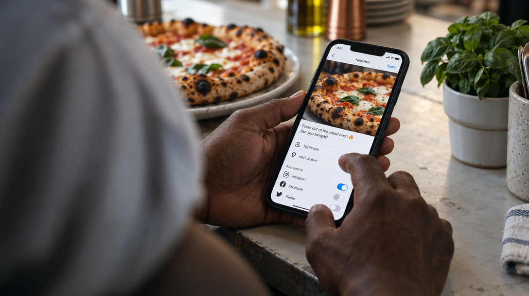 A restaurant owner edits a social profile on a phone showing pizza.