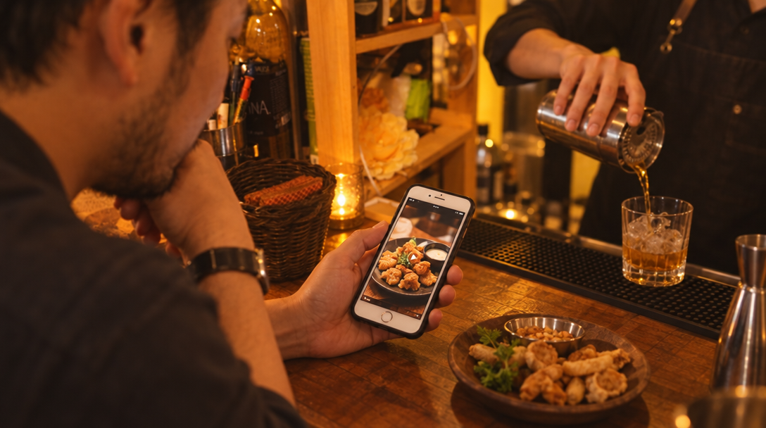 A bar owner checks a phone showing snacks at the counter.
