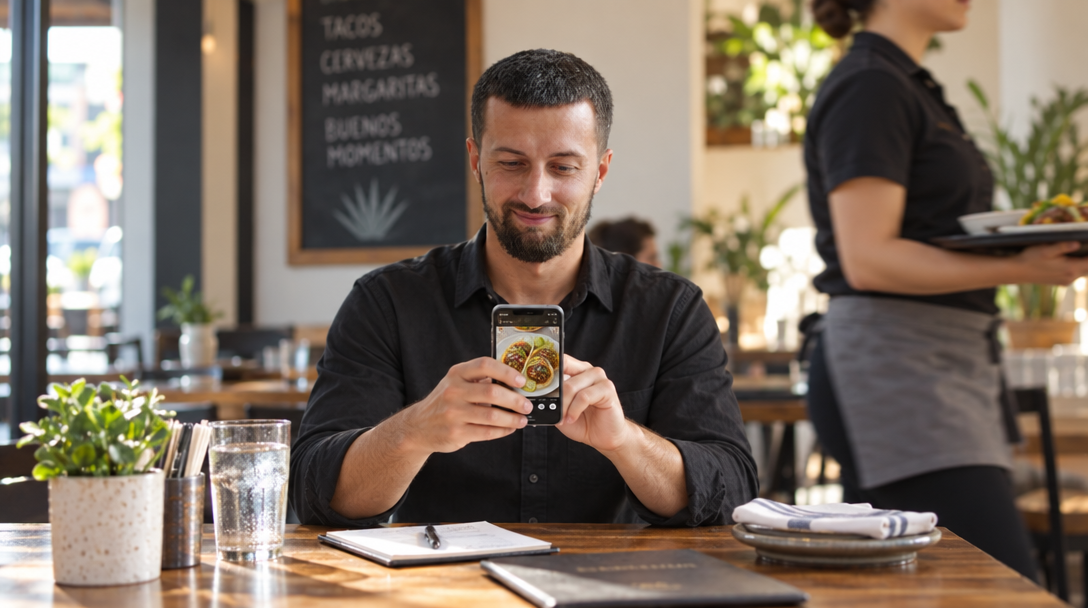 A manager types on a phone showing tacos at a restaurant table.