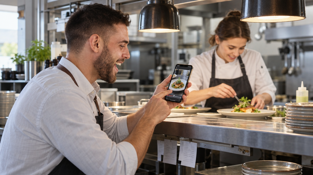 An owner taps a phone showing a dish video near the kitchen pass.