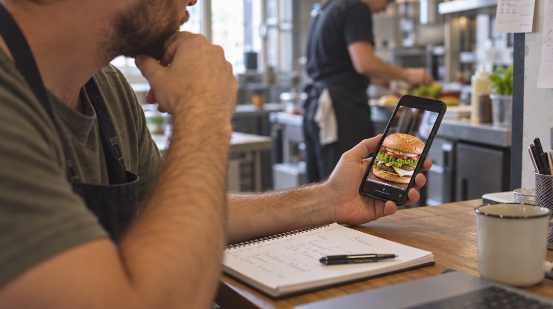 An owner compares notes beside a phone showing a burger.