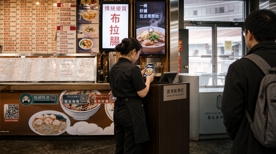 A manager checks a phone showing noodles at the host stand.
