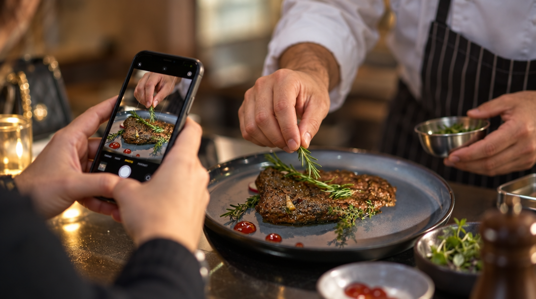 A photographer takes a phone photo of a plated dish as a chef garnishes it.