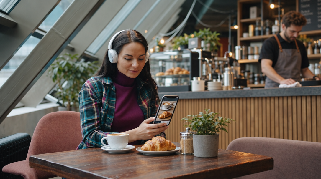 A customer views a croissant and coffee on a phone in a cafe.