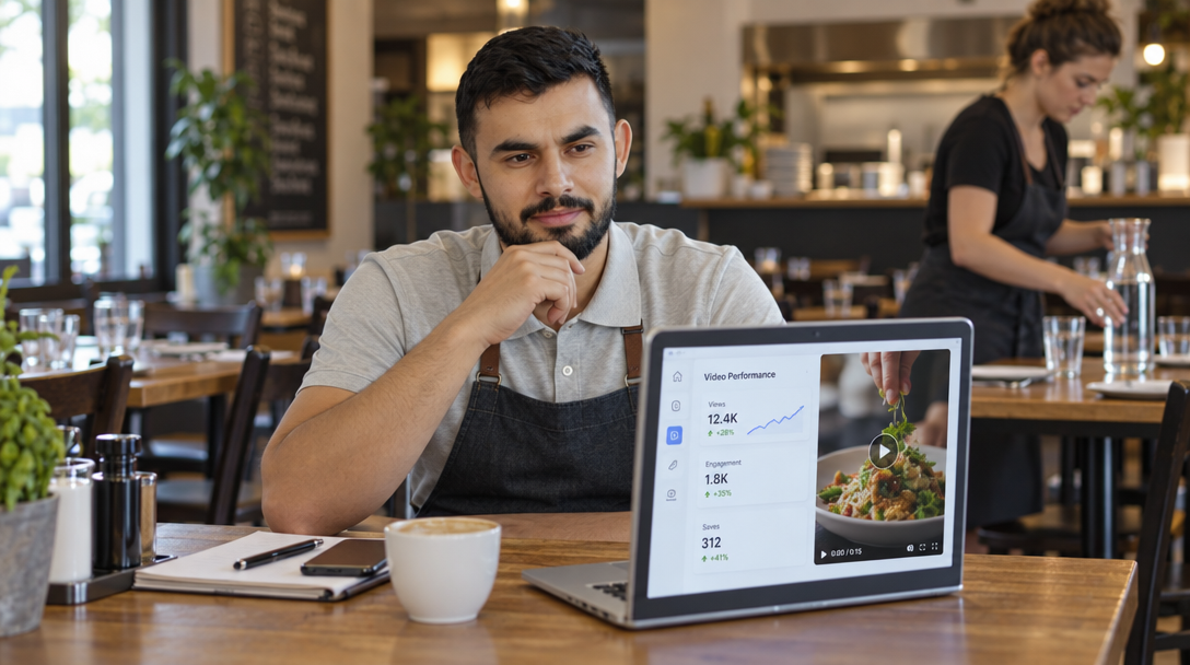 An owner reviews a laptop showing a food video in a restaurant.