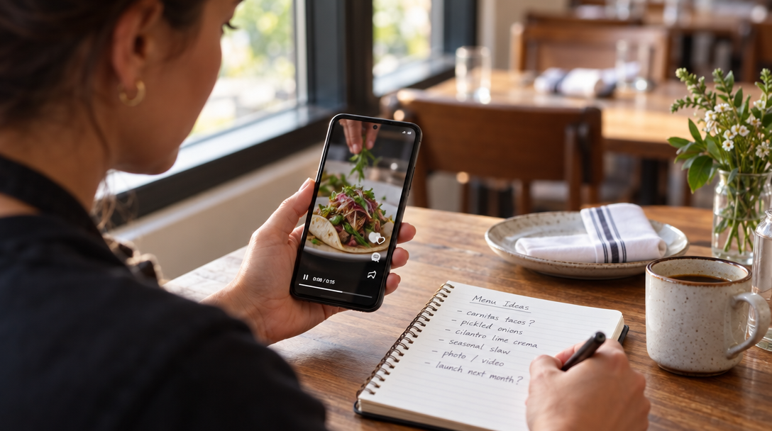 A restaurant owner reviews a food video on a phone beside notes.