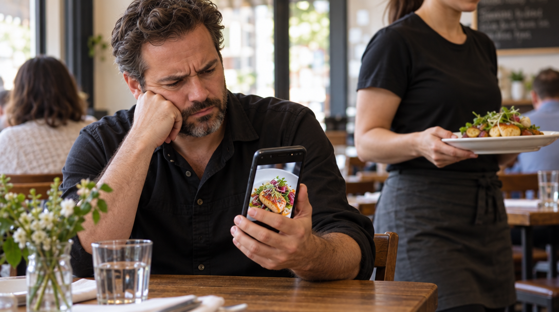 A restaurant owner looks at a phone beside a server carrying food.