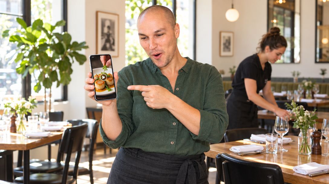 A restaurant owner checks a dish video on a phone in the dining room.