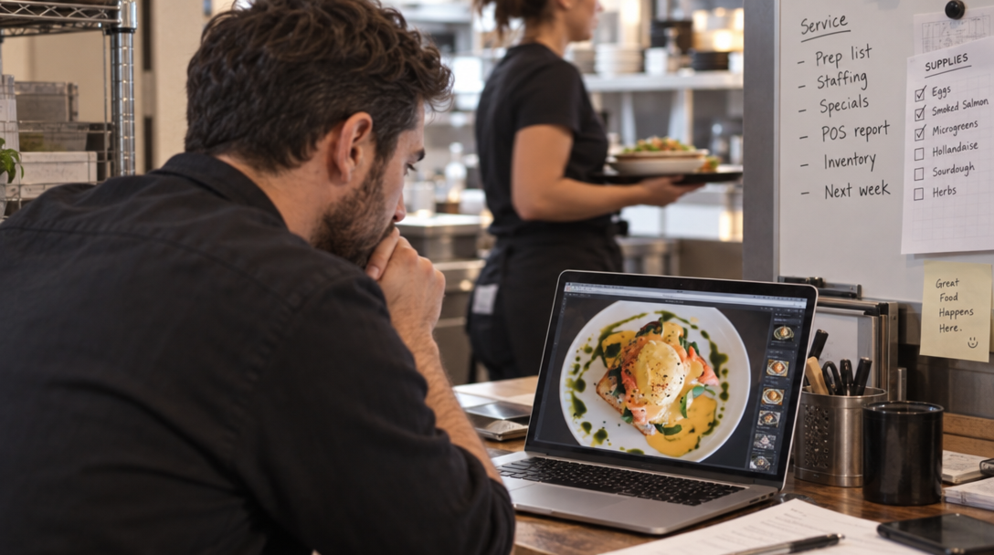A restaurant manager looks at a plated dish on a laptop screen.