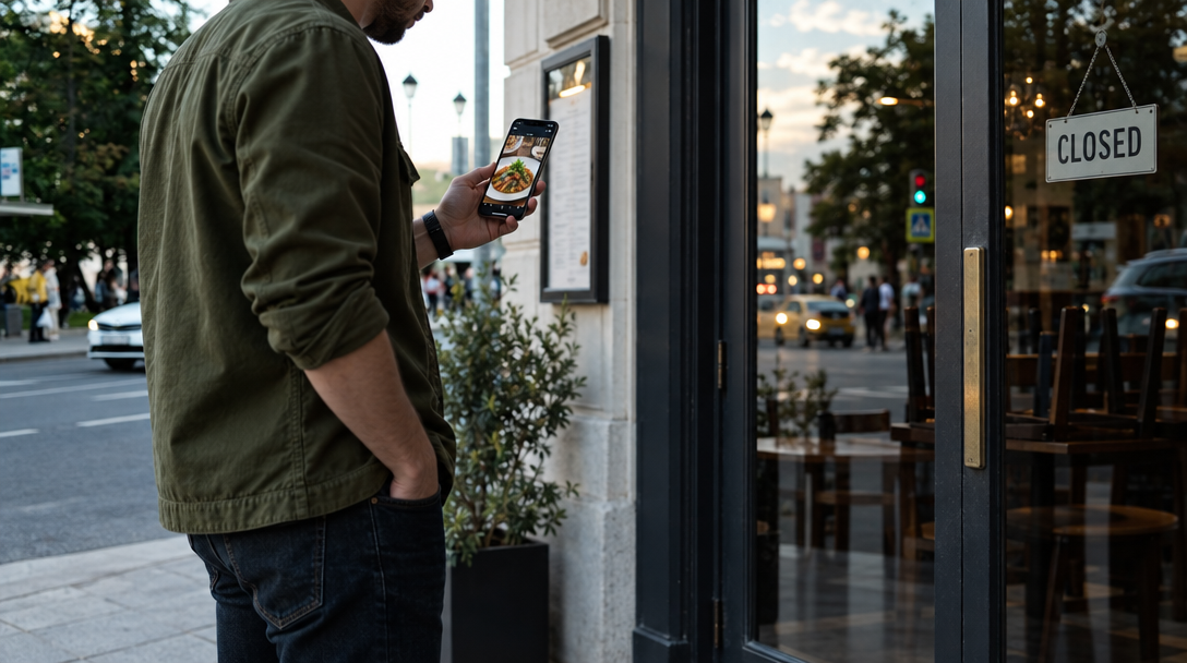 A person checks a dish photo on a phone outside a restaurant.
