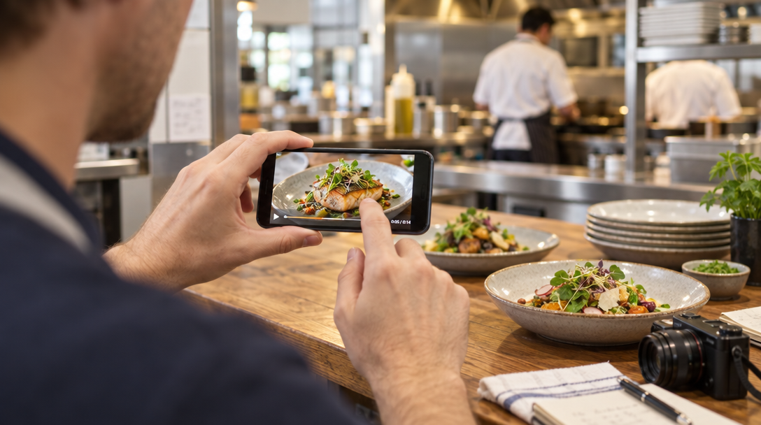 A restaurant owner uses a phone showing a dish photo at a table.