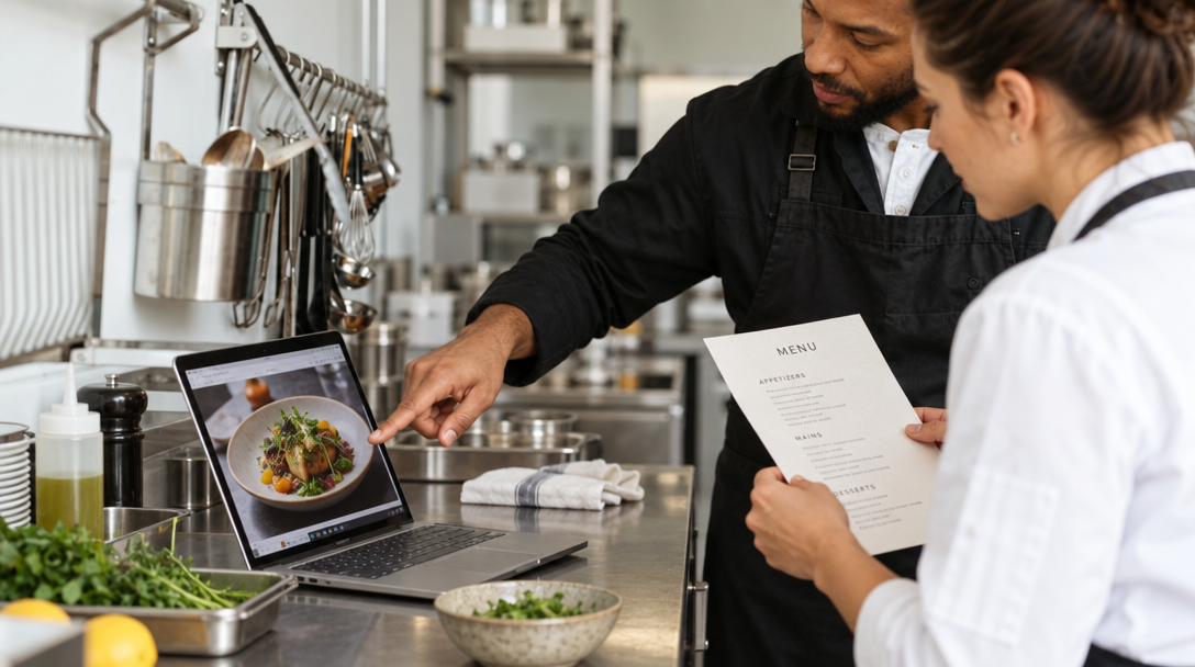 A chef shows a plated dish on a laptop at the counter.