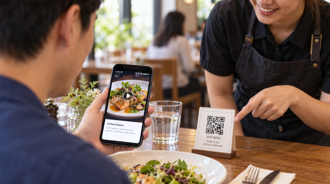 A diner holds a phone with a dish photo as a server smiles.