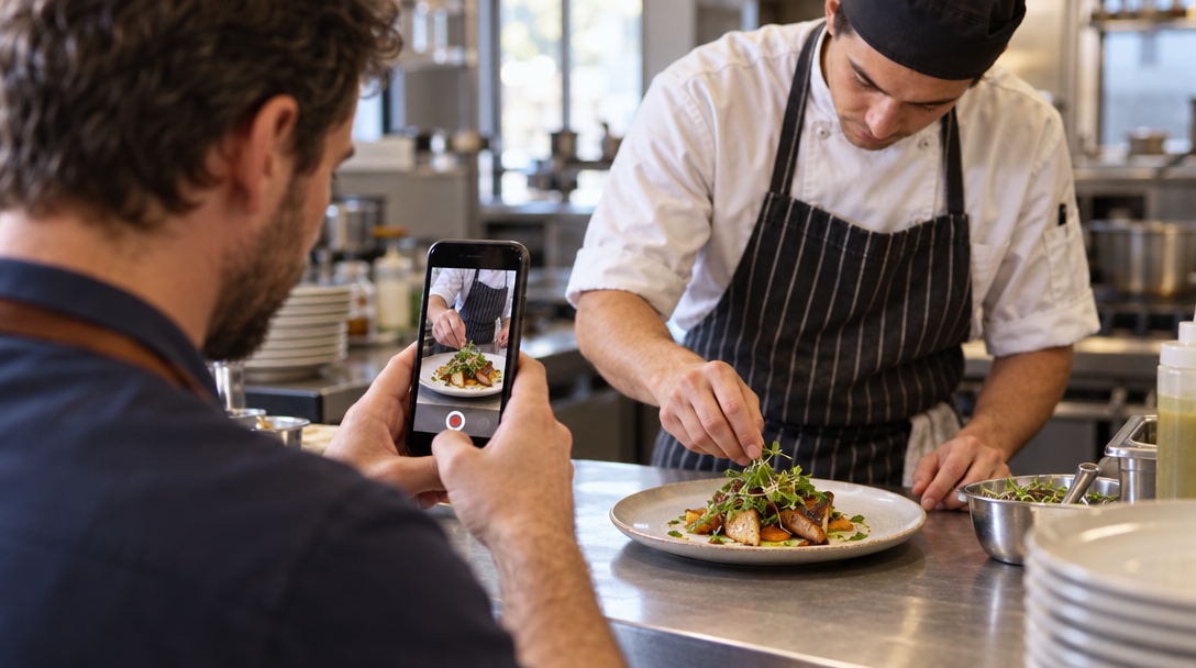 A restaurant owner films a cook plating a dish on a phone.