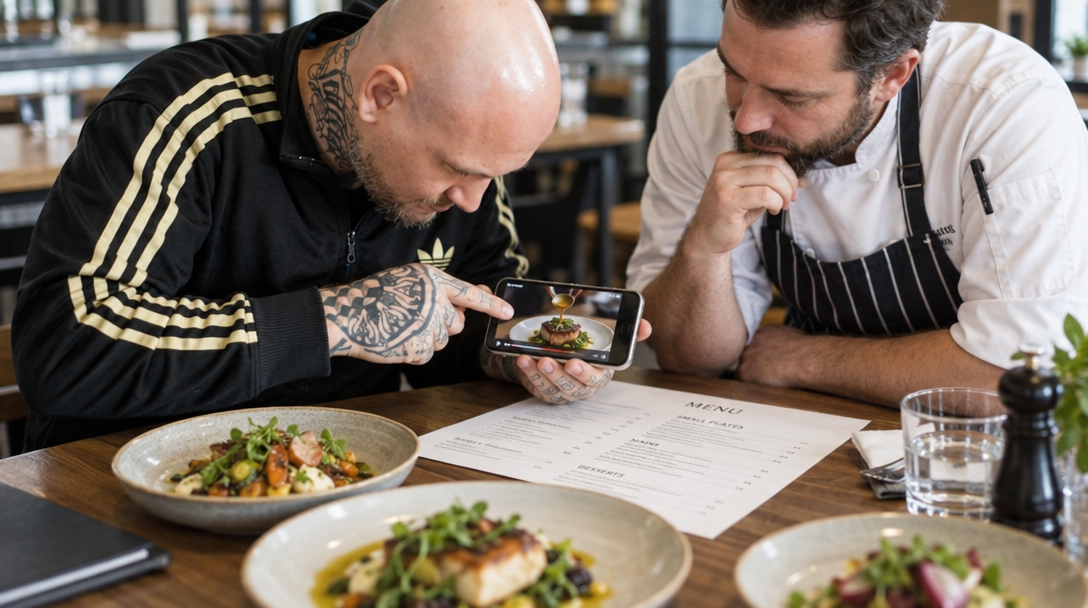 A restaurant owner and chef plan posts with a phone and menu.