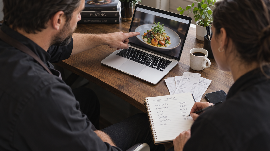 Two restaurant owners review costs on a laptop at a desk.