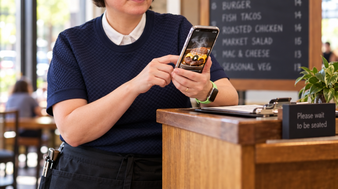 A restaurant manager scrolls a food video on a phone at the host stand.