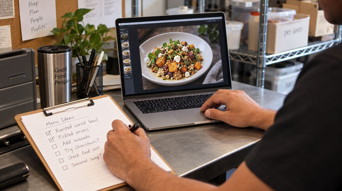 A restaurant owner reviews a laptop with a plated dish and a clipboard.