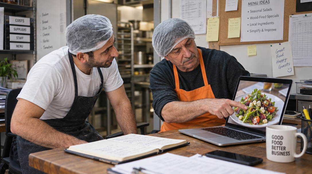 A restaurant owner and chef review a plated dish on a laptop.