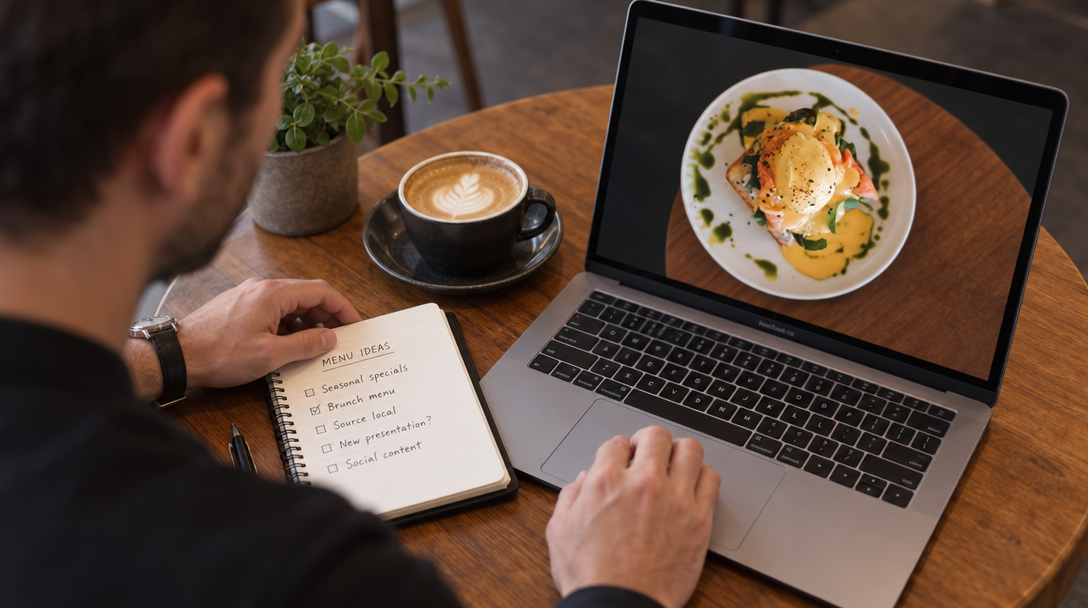 A restaurant owner updates something on a laptop displaying a plated dish.