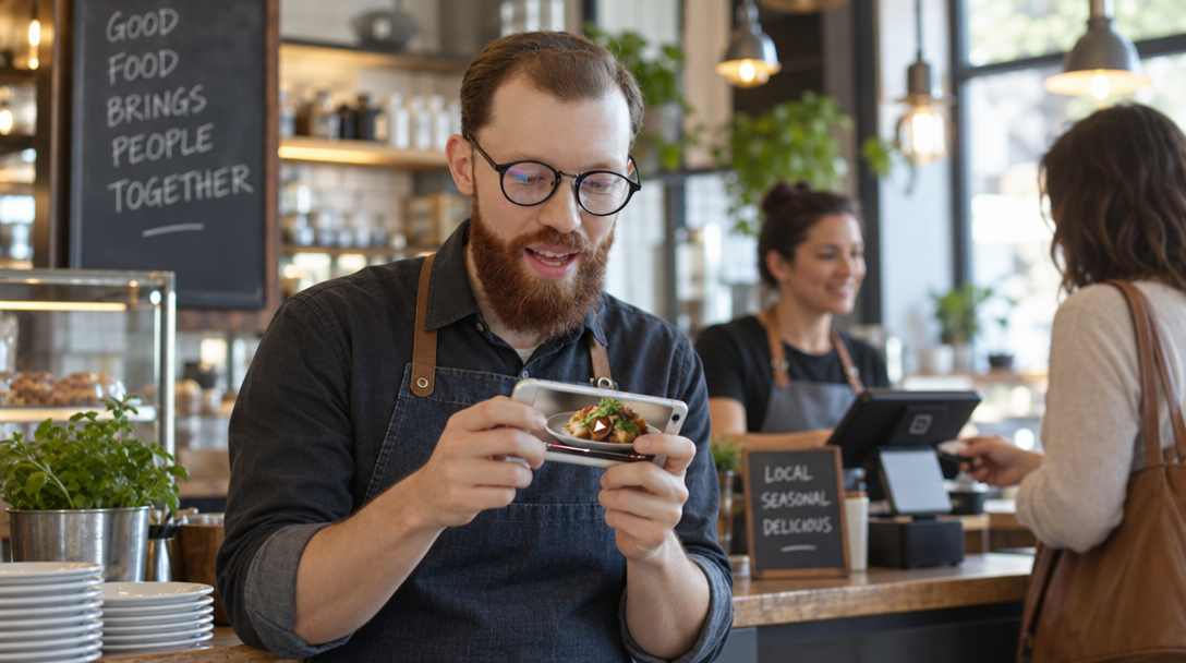 A restaurant manager replies on a phone showing a food video near the counter.
