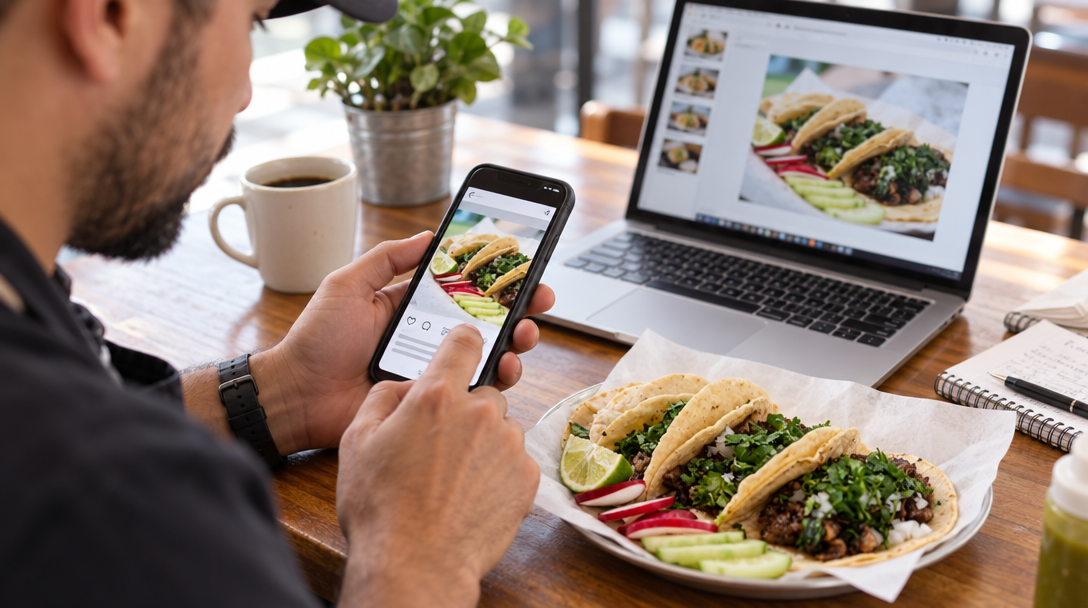 A restaurant owner taps a phone showing a taco platter beside a laptop.