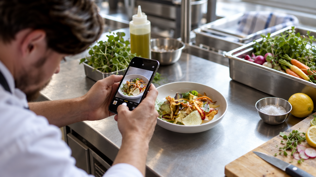 A chef photographs a plated dish with a phone in a kitchen.