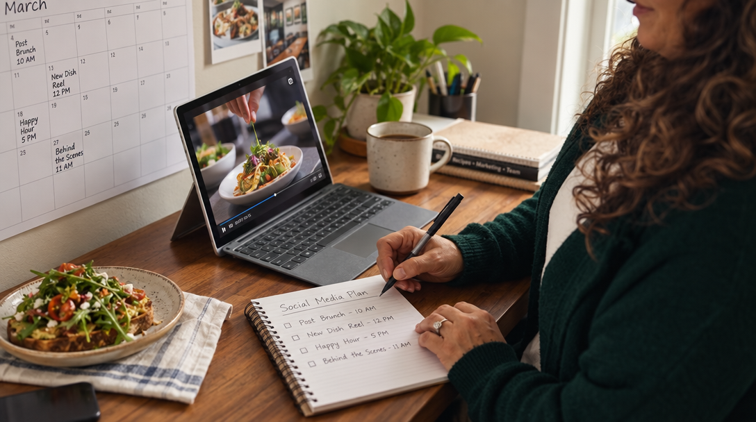 A restaurant owner plans on a laptop showing a food video at a desk.