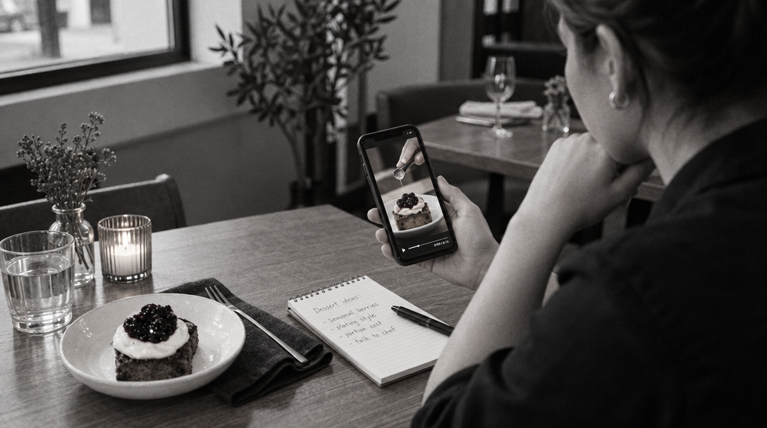 A restaurant manager looks at a phone showing a dessert video in a dining corner.