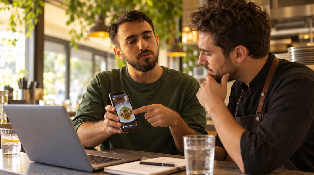 A restaurant owner and manager review a phone showing a dish at the counter.
