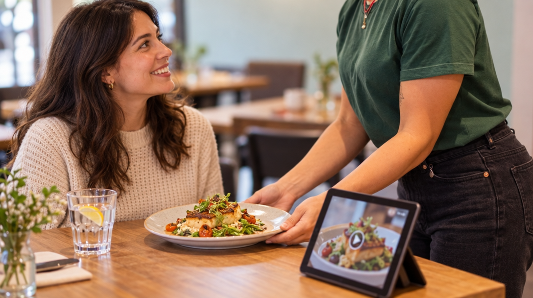 A server serves a dish to a smiling diner at a table.