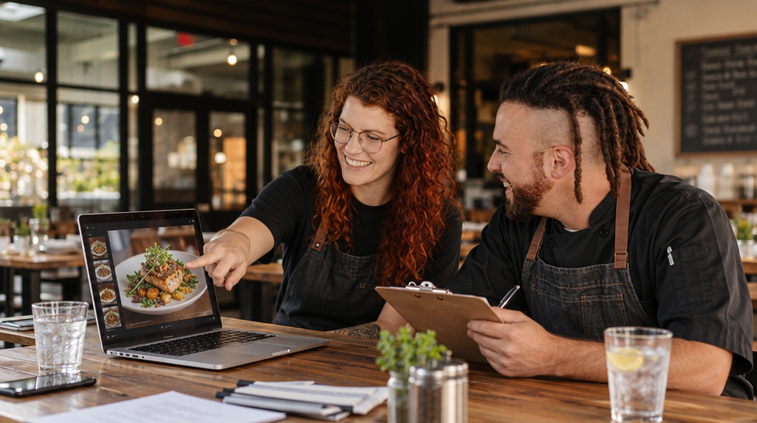 A restaurant owner and manager review a laptop showing a dish.