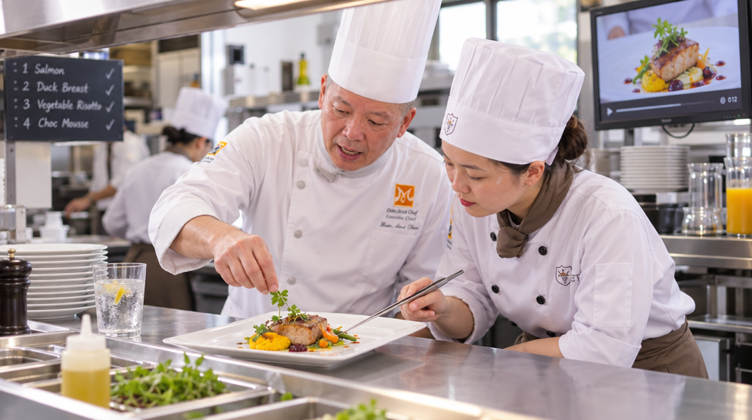 A chef teaches a line cook how to plate a dish.
