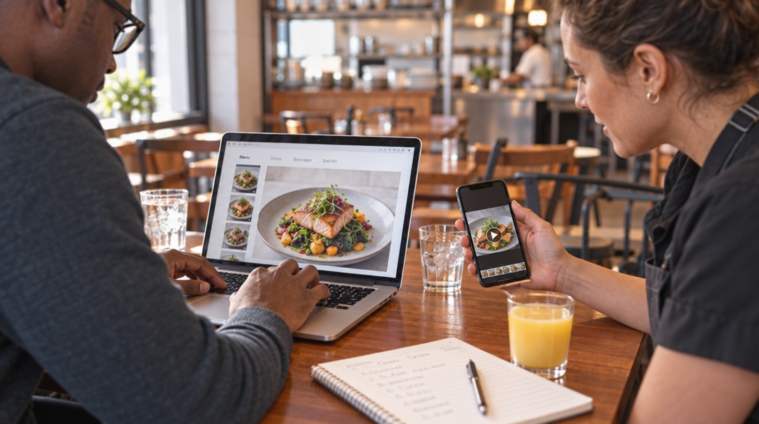 A restaurant owner and manager work on a laptop and phone showing dishes.