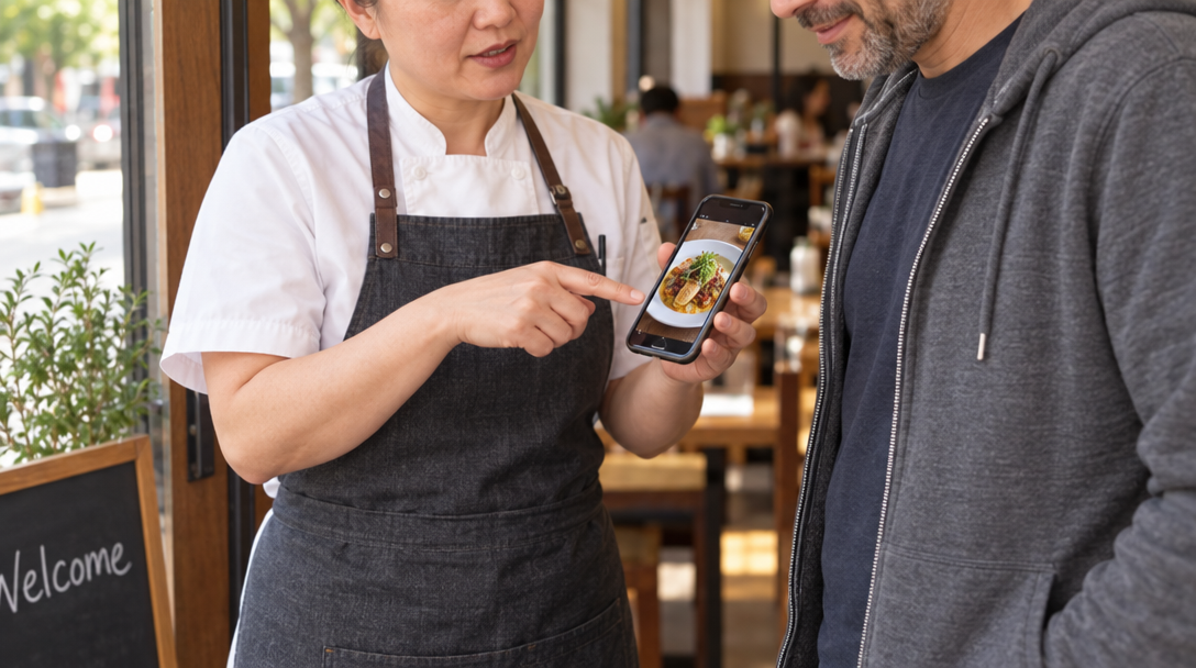 A restaurant owner shows a diner a phone with a dish.