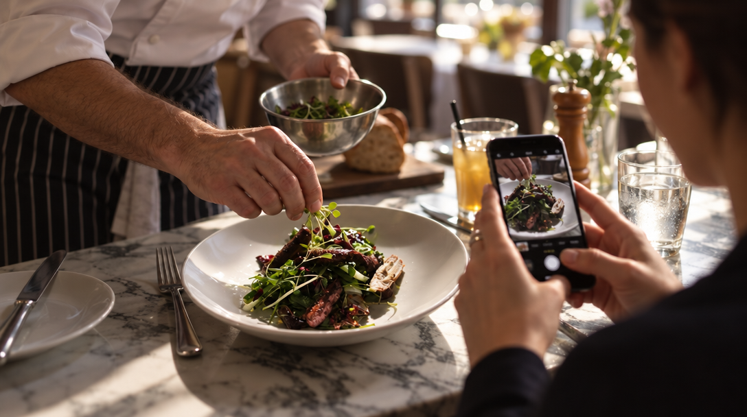 A chef plates a dish while an owner photographs it.