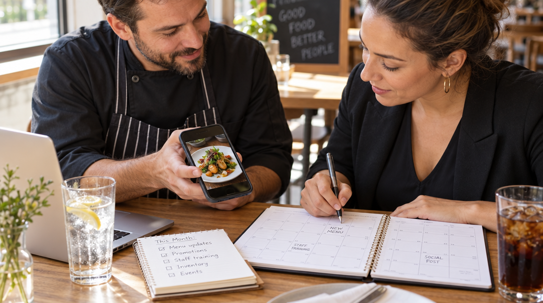 A restaurant owner and manager plan posts with a calendar and phone.