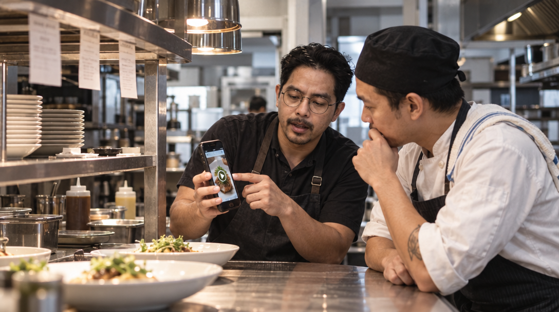 A restaurant owner and a cook talk at the pass while a phone shows a short food video.